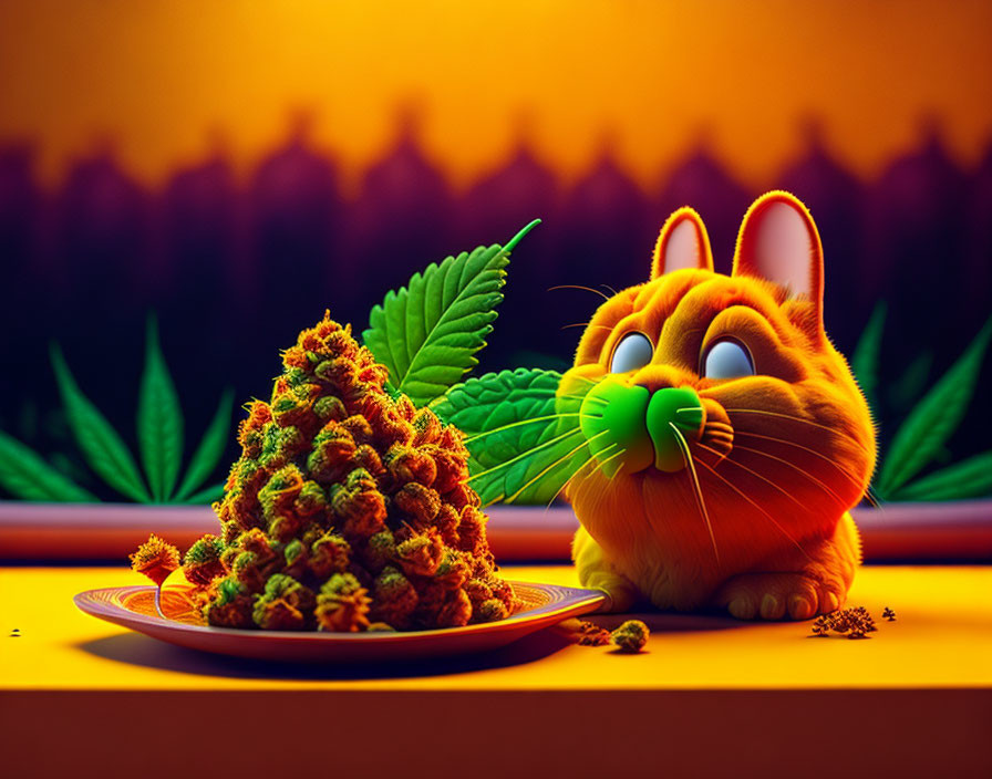 Cartoon cat next to cannabis buds and plants in the background