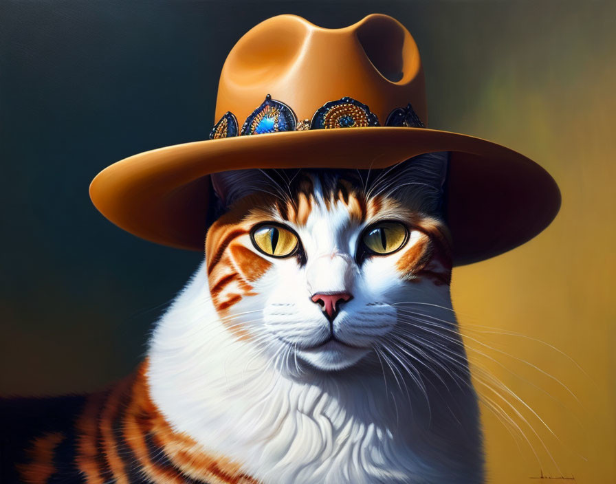 Orange and White Cat in Cowboy Hat Digital Painting on Dark Background