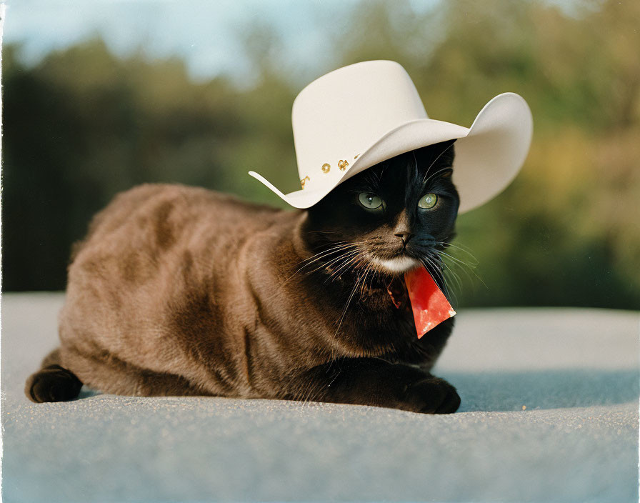 Black Cat with Green Eyes in Cowboy Hat and Neckerchief on Blue Surface