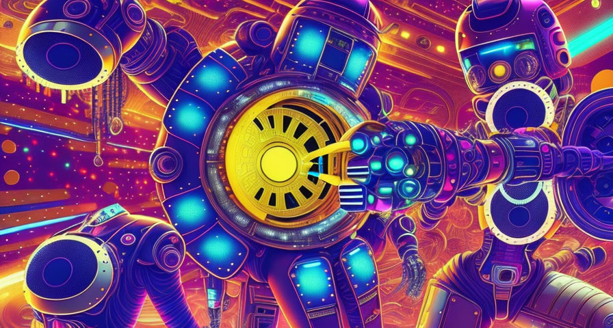 Futuristic blue robots and gears on neon orange cosmic backdrop