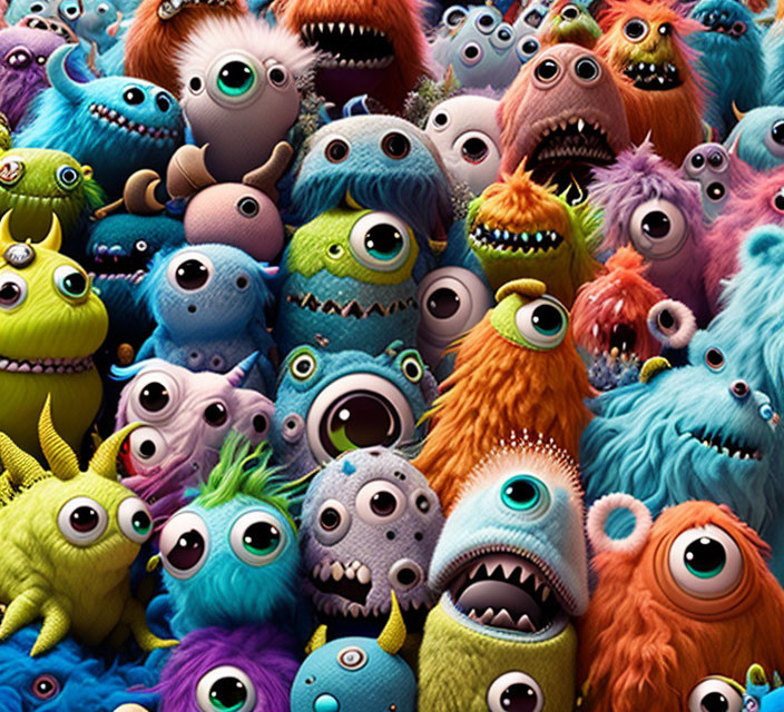 Whimsical furry monsters with colorful, varied eyes and playful expressions