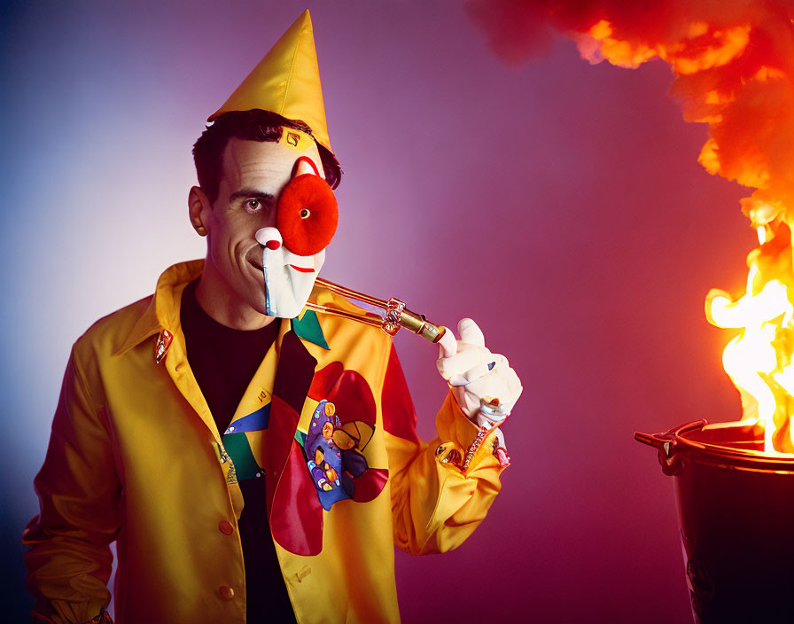 Clown in pointed hat and yellow coat with trumpet by flaming cauldron