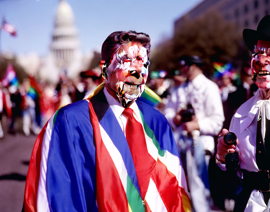 Shattered-glass effect Ronald Reagan mask in patriotic parade scene