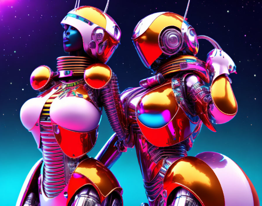 Futuristic humanoid robots in vibrant red armor on cosmic backdrop