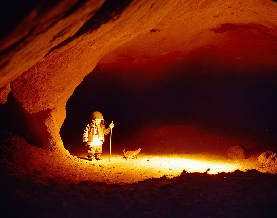 Explorer with headlamp and dog in warmly lit cave alcove