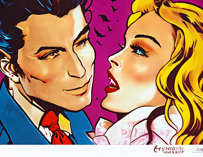 Colorful Pop Art Illustration of Man in Blue Suit & Woman with Blonde Hair