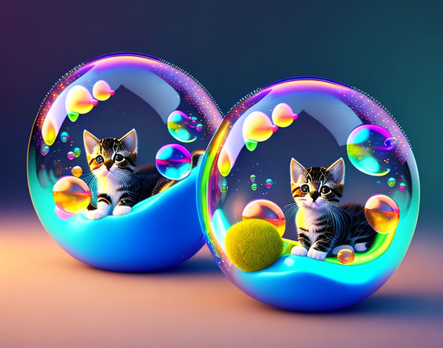 Two kittens in colorful bubbles with smaller bubbles, one kitten eyeing a tennis ball.