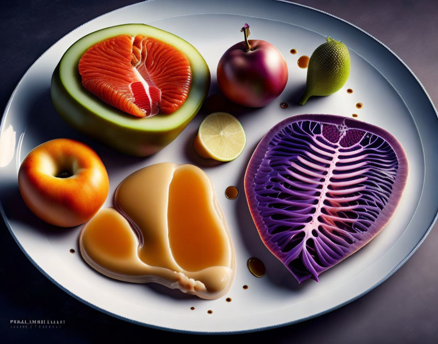 Colorful Plate Featuring Cross-Sectioned Fruits with Honey Drizzle