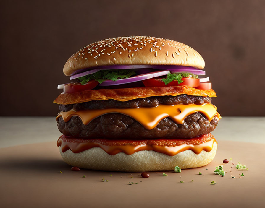 Double Cheeseburger with Melted Cheese, Lettuce, Tomato, Onion on Sesame Seed