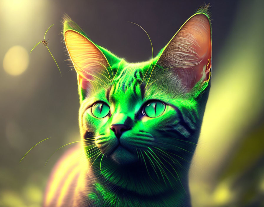 Green-toned cat with vibrant green eyes focused on small flying insect in natural sunlight.