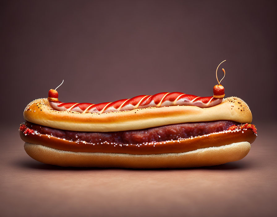 Grilled sausage hot dog with condiments and poppy seeds on brown background