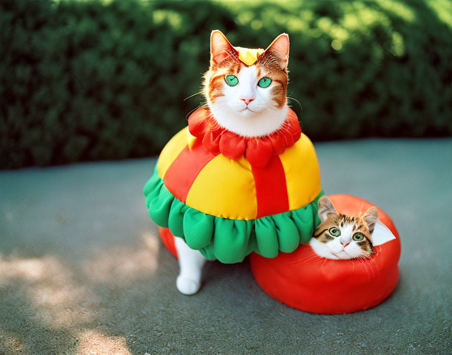 Two cats in clown costumes inside inflatable shoe.