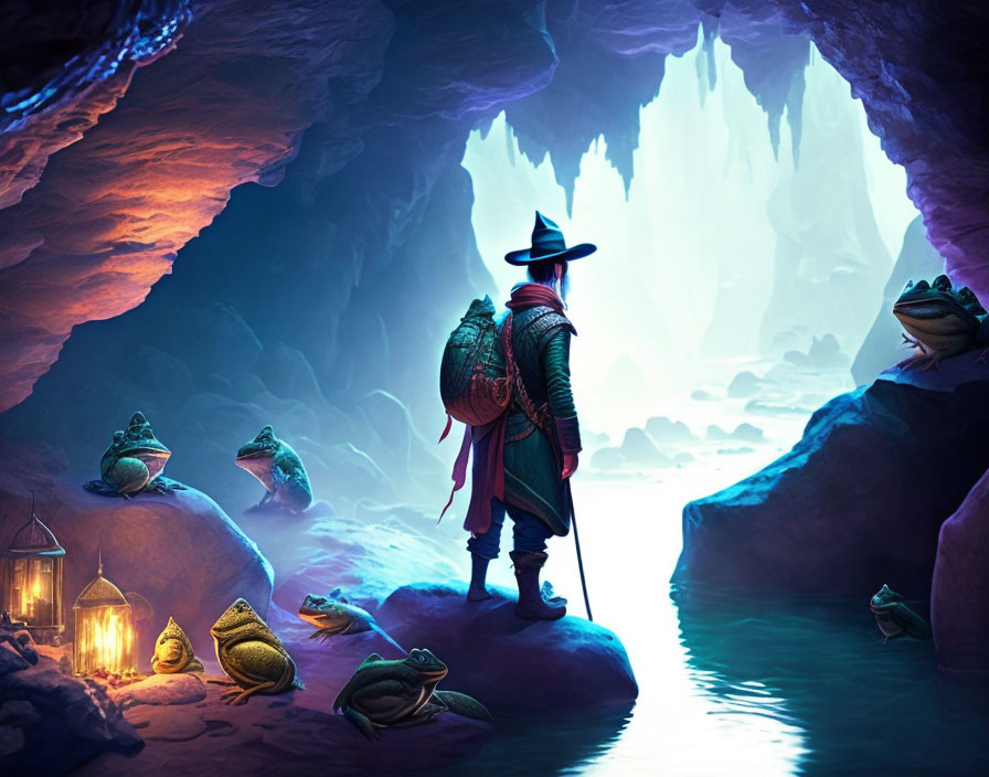 Cloaked figure with staff at cave entrance overlooking mystical, lantern-lit scene with oversized frogs.