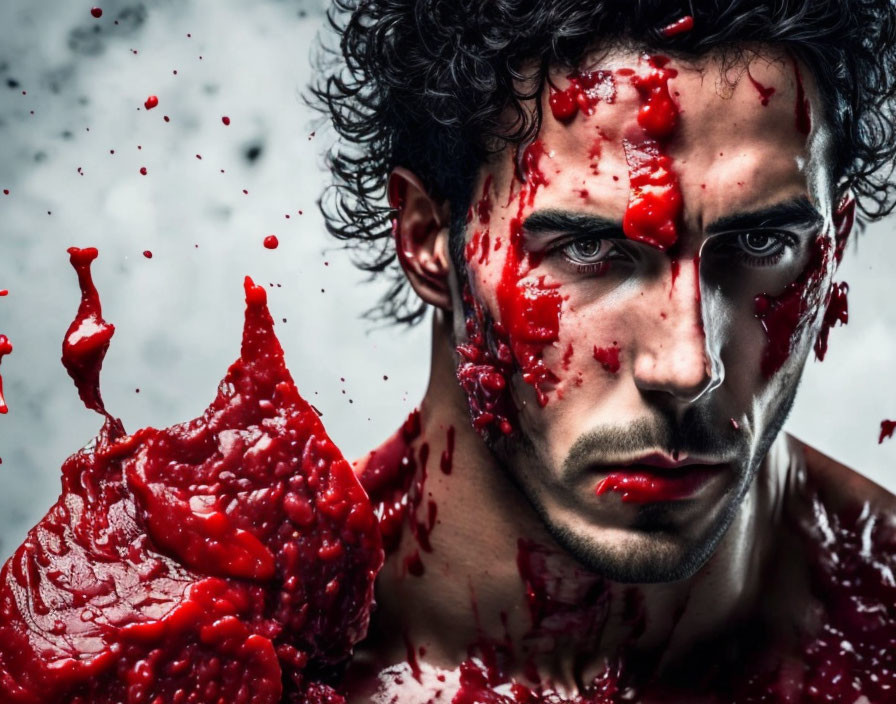 Intense gaze man with red liquid splatters on gray background