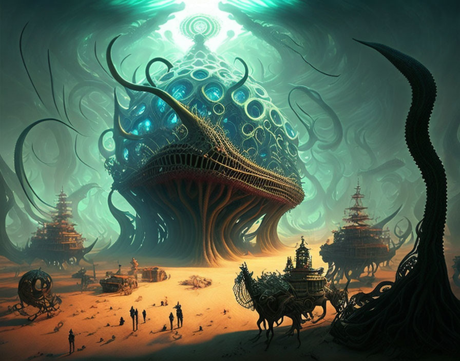 Fantastical landscape with giant mushroom structure and swirling tendrils.