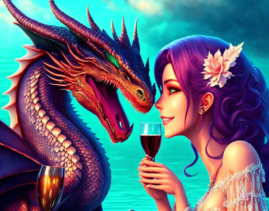 Purple-haired woman with flowers gazes at dragon with wine glass on teal backdrop