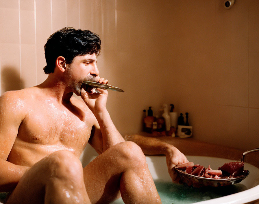 Man in Bathtub Eating Raw Meat with Toiletries in Background