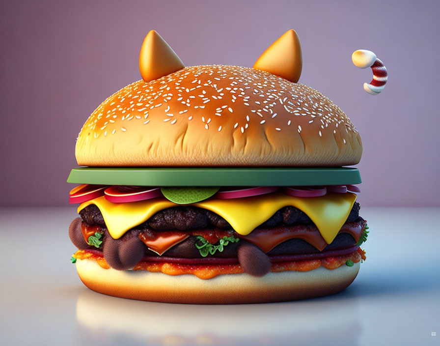 Animated cheeseburger with cat ears, tail, lettuce, tomatoes, cheese layers, and meat patties