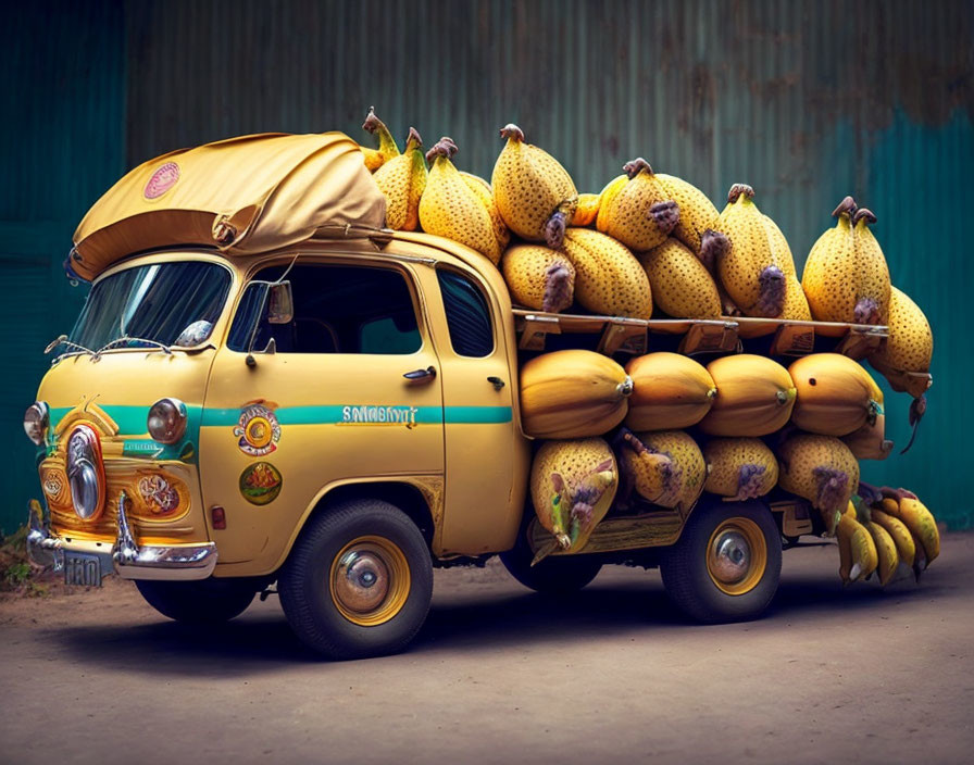 Yellow Auto Rickshaw Overflowing with Bananas and Jackfruits