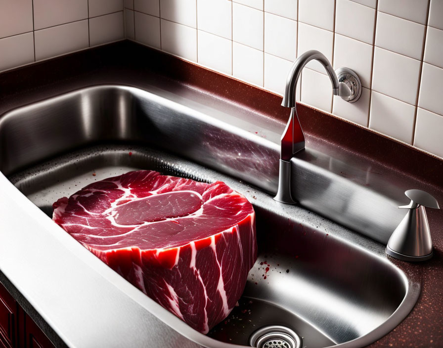 Raw steak in stainless steel kitchen sink with running tap water