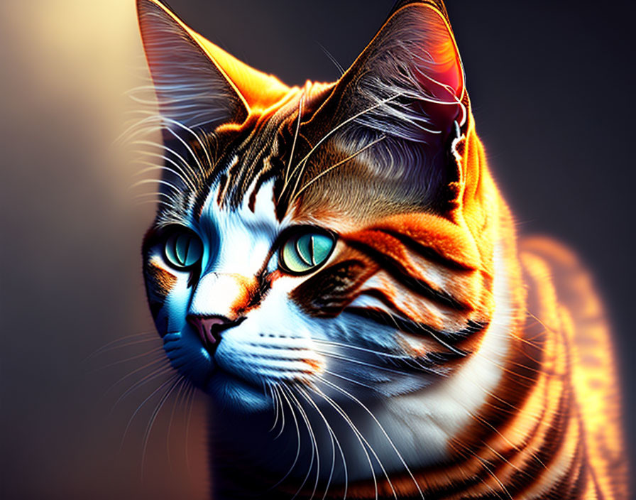 Vibrant blue-eyed cat with glowing orange stripes on dark background