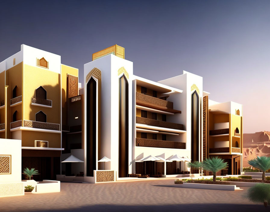 Modern buildings with traditional design elements and ornate balconies in desert landscape