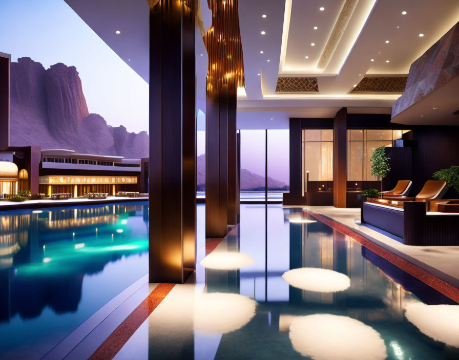 Modern indoor pool with ambient lighting and mountain view at dusk