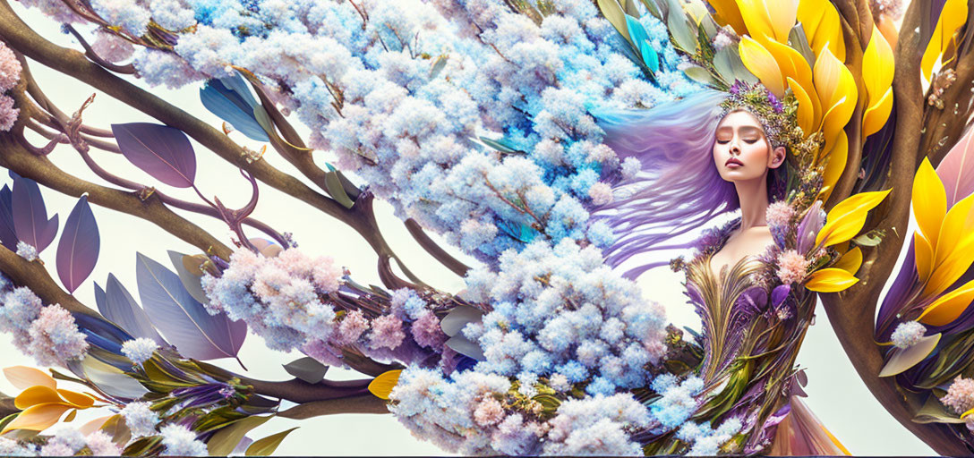 Fantasy nymph with purple hair among vibrant floral scenery