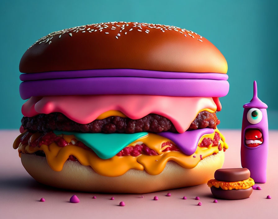 Colorful Abstract Hamburger Art with Startled Cartoon Character