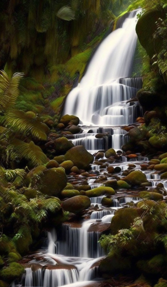 Tranquil waterfall surrounded by greenery and moss-covered stones