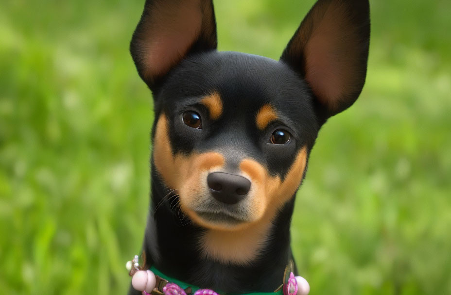 Black and Tan Dog with Pointy Ears on Green Background