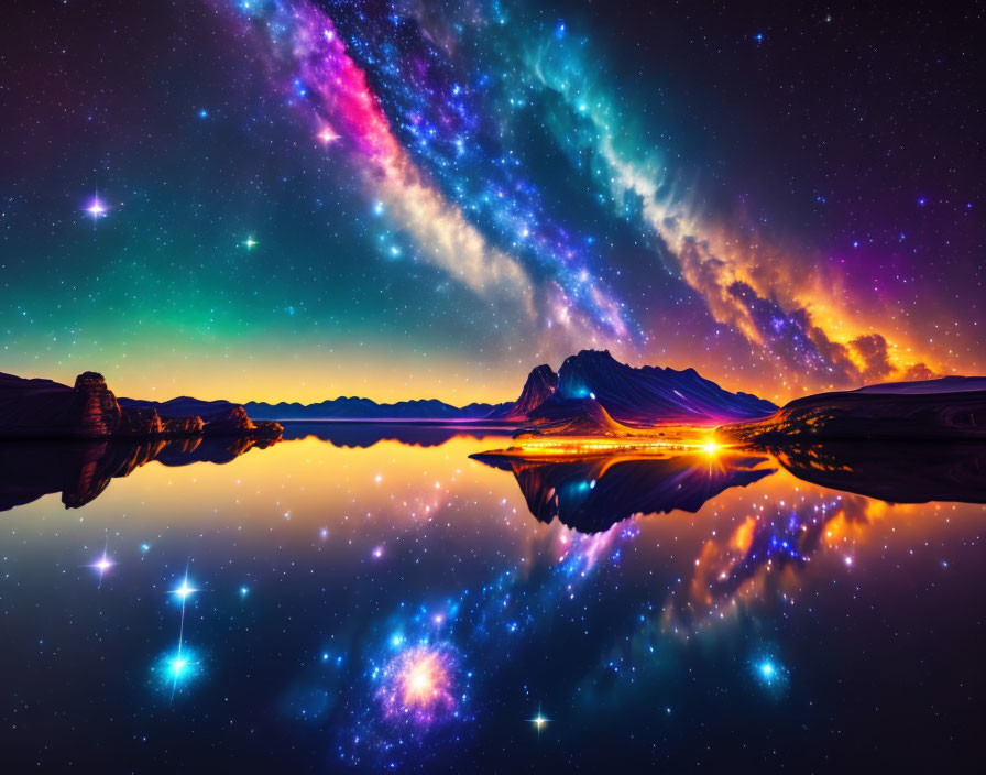 Starry Night Sky and Nebulae Reflecting on Mountain Lake