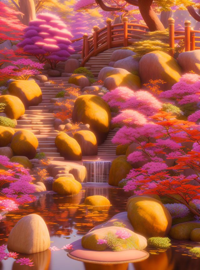 Tranquil waterfall landscape with stone steps, bridge, and pink foliage