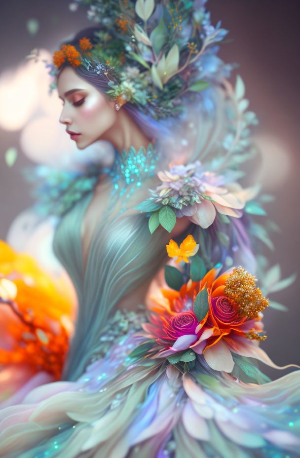 Serene woman with floral headpiece and butterfly in gentle hues