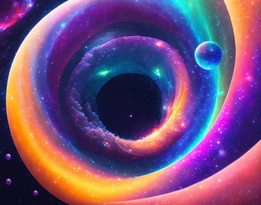 Colorful cosmic digital art: swirling galaxy, multicolored nebulae