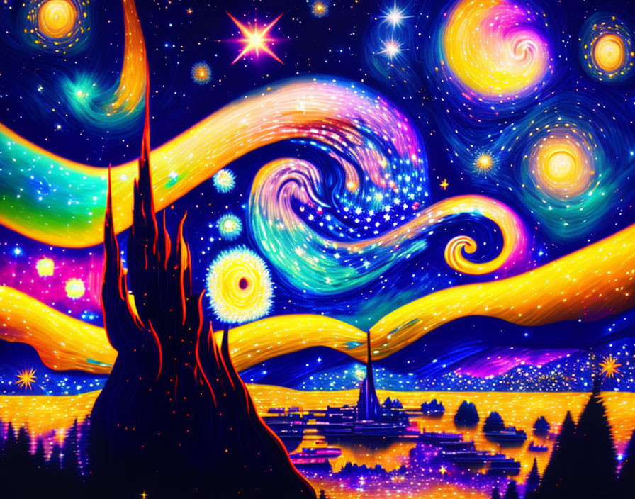 Colorful starry night sky with swirling colors and town silhouette.