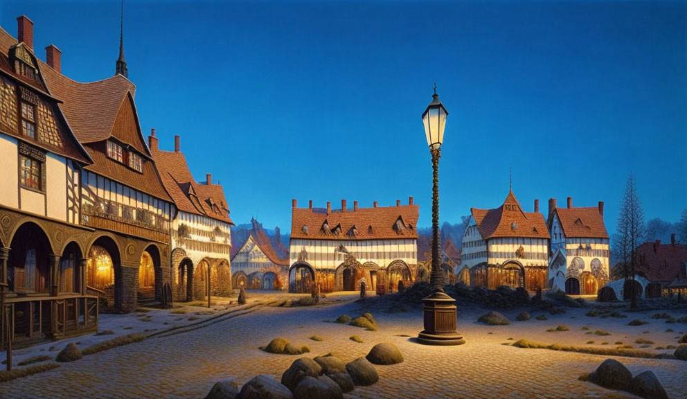 European village square at twilight with cobblestone paths and traditional houses