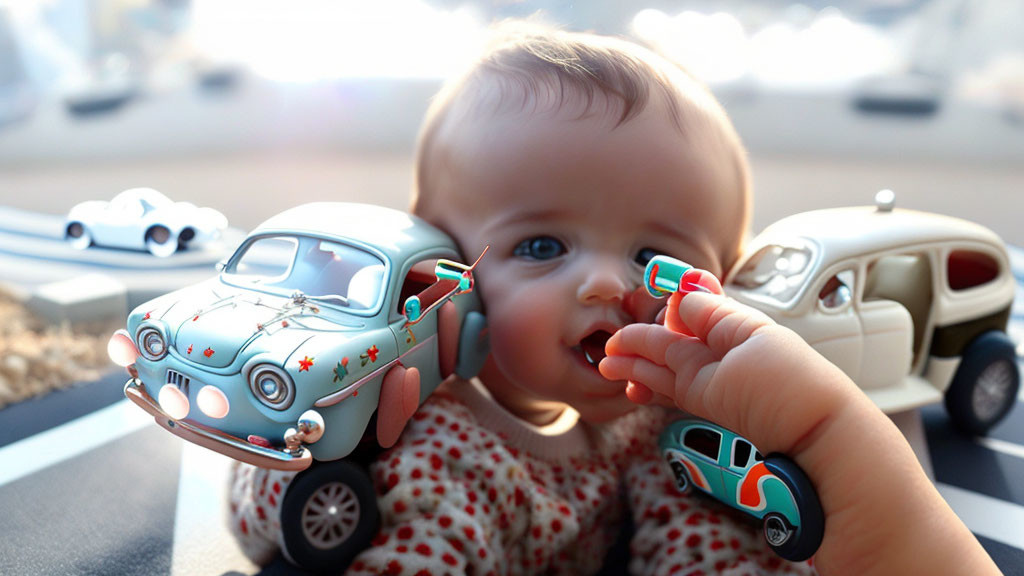 Adorable baby playing with colorful toy cars on road backdrop