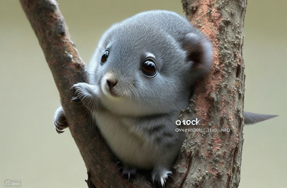 Digitally altered image of a cute, round gray kitten on a tree.