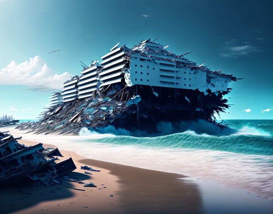 Giant ship-shaped building stranded on beach with crashing waves