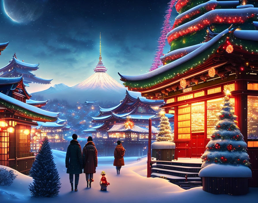 Traditional buildings, Mount Fuji, and festive decorations under starry sky