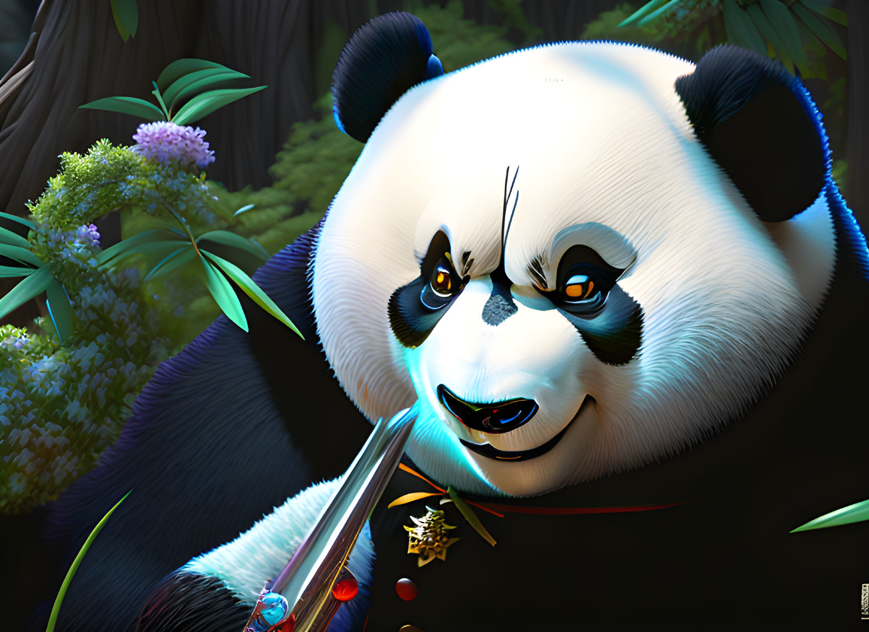 Colorful Panda Playing Bamboo Flute in Forest Illustration