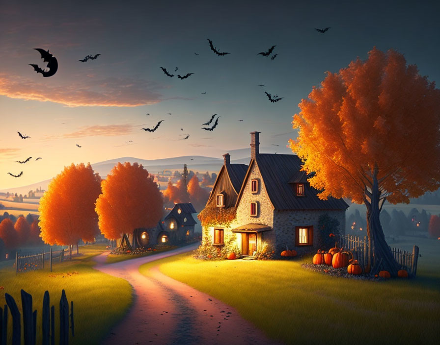 Rural sunset landscape with stone house, glowing windows, pumpkins, and birds