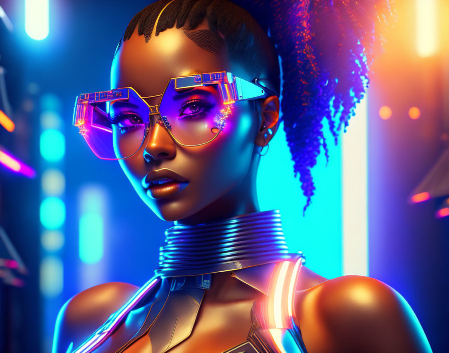 Futuristic woman with glowing glasses and cybernetic collar in neon lighting