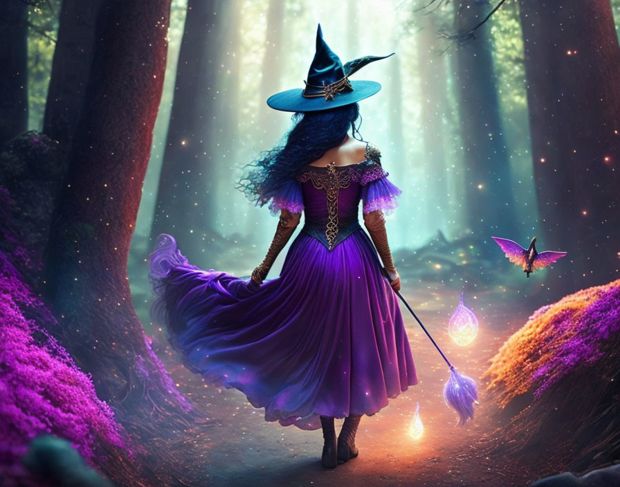 Mystical figure in purple dress with glowing staff in magical forest