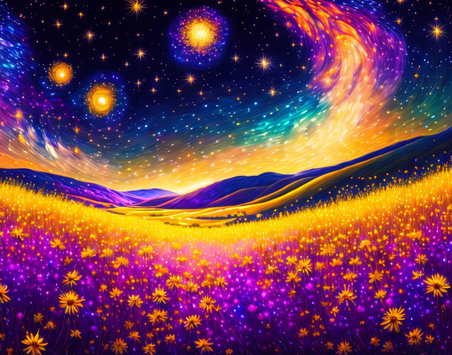 Colorful Artwork: Purple and Yellow Flower Field under Starry Sky