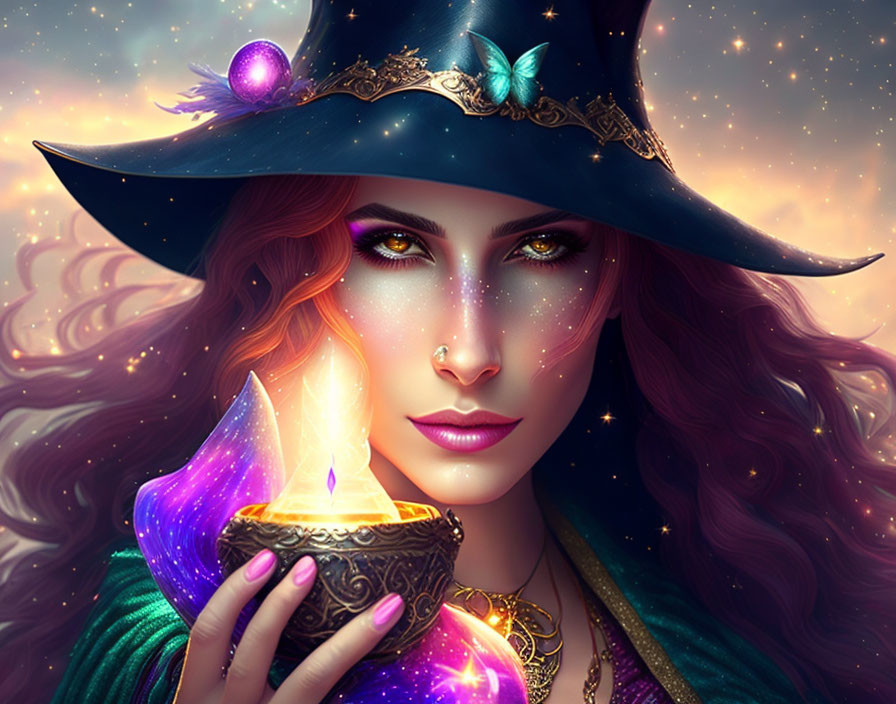 Mystical witch with enchanted hat holding magical flame on starry backdrop