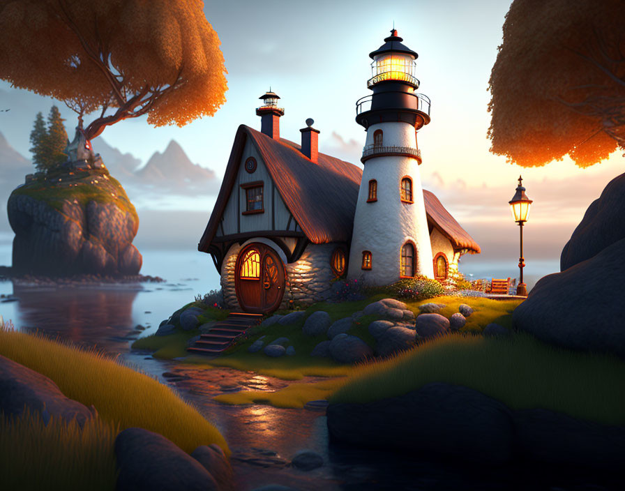 Scenic lighthouse and cottage by the sea at dusk