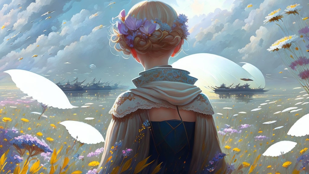 Illustration of girl with wings and ships in sky over wildflowers