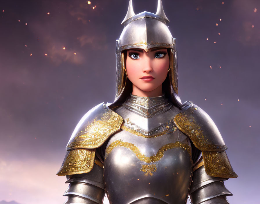 Detailed 3D render of female knight in silver armor under twilight sky